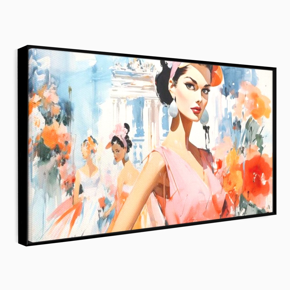 Tablou canvas cu tablou canvas cu femei la moda retro, in rama de aluminiu negru